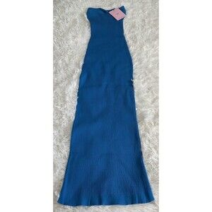 Hello Molly Womans Small Blue Ribbed Halter Bodycon Side Slit Dress NEW W/TAGS